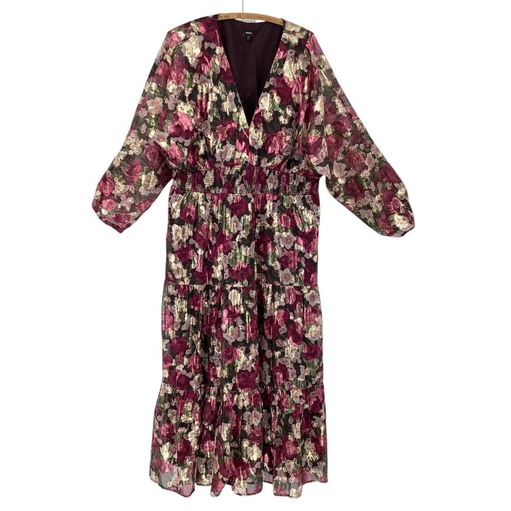 EXPRESS Women's Maxi Dress XL Floral Metallic Tiered Sheer Sleeve V-Neck